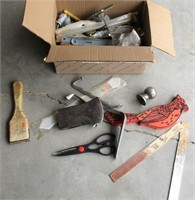 Box of Misc Hardware, Axe Head, Hitch Ball