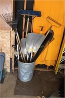 3 scoop shovels, broom, spade, ice chipper, rake