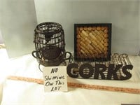 3pc - Wrought Iron Cork Baskets & Wine Cork Art