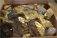 box lot of brass butterfly wall sconces, tumblers,