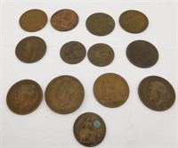 (13) Foreign coins to include (10) pennies and