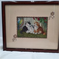 12x14 Vintage Cats & Parakeets Picture - Signed