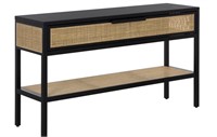 Wood and Rattan Cane Console Table with Shelf