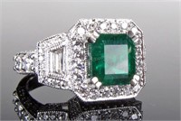 2CT+ Emerald and 2CT+ Diamond Ring, 18K WG