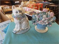 CAST IRON KITTY AND BASKET OF FLOWERS ,