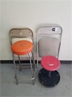Shop stool on wheels stool, two folding chairs