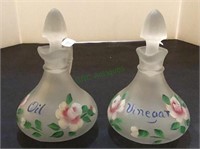 Vintage hand painted frosted glass oil and vinegar