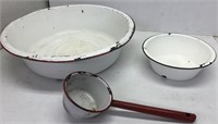 Enamelware bowls (2) & ladle