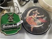 MILLER CLOCK AND HEINEKEN BEER SIGN