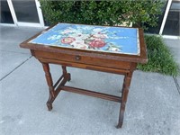 Antique Rolling Table With Tapestry Top