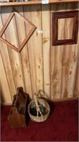 Two Wooden Picture Frames, Magazine Rack, & Basket