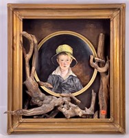 Painting Boy with Driftwood in gold shadow box