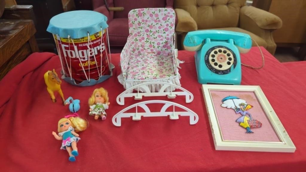 VINTAGE TOYS- TELEPHONE- CHAIR- HOME MADE DRUM