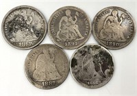 5 US Seated Liberty Silver Dimes