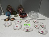 Glass bowls; small saucers and plates; wall hangin