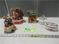 Music boxes (one is damaged);  fireplace statue