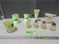 Custard glass pieces including S & P; small pitche