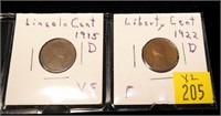 2- Lincoln cents: 1915-D, 1922-D, semi-key dates