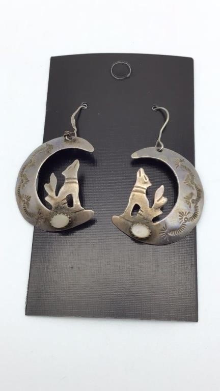 Sterling Moon & Wolf Dangle Earrings