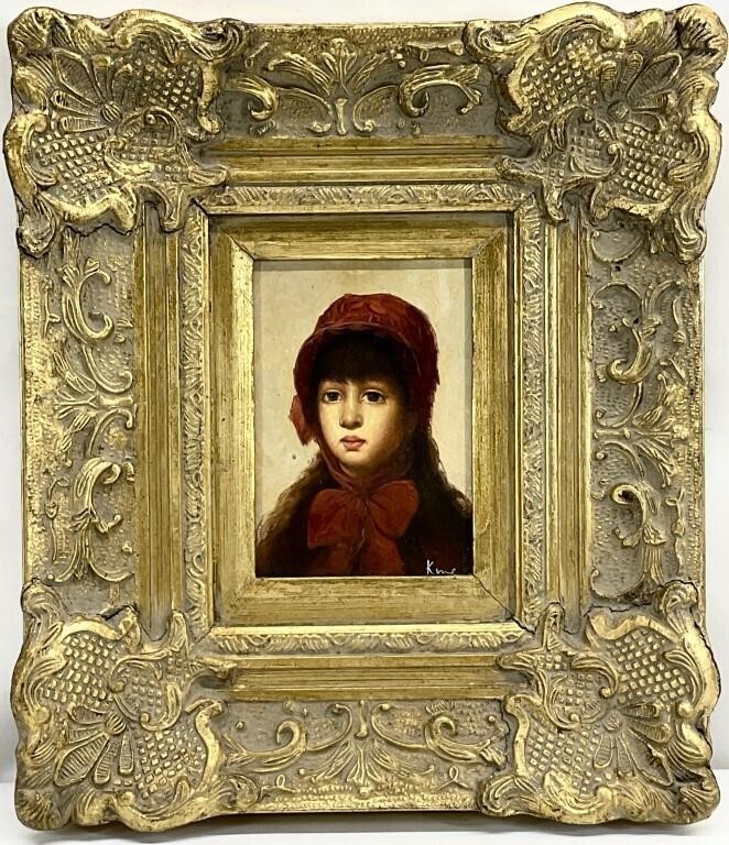 Oil Painting, Girl With Red Bonnet, Signed