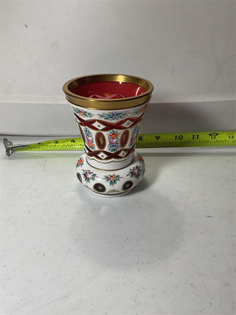 White Enameled Bohemian Cranberry Glass Vase