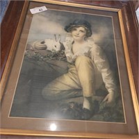 Vintage Framed Little Girl w/ Rabbit Print