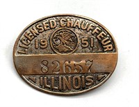 1951 Illinois Licensed Chauffeur Pin Badge 1.75”