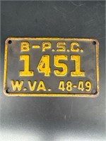 1948-49 WEST VIRIGNIA T-PSC LICENSE PLATE #1451