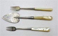 Three vintage sterling silver & MoP serving pieces