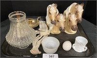 Porcelain Horse Bookends, Brass Candle Holder,