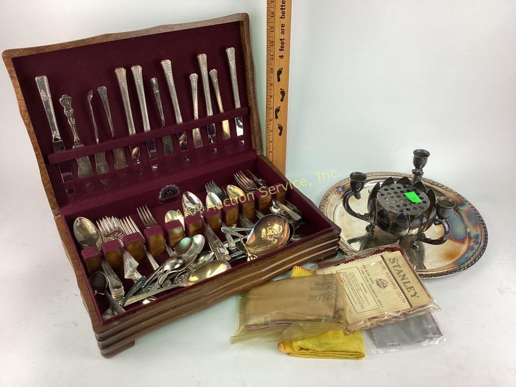 Sliver plate flatware set in wooden box unsure if