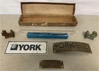 lot of 6 York Corp Signs,Weights,Ruler/Box