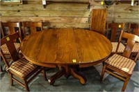 7 Piece Antique Oak Pedestal Dining Table with