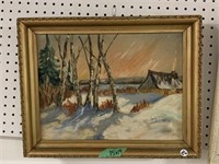 Framed Oil Painting On Board - Winter Cabin