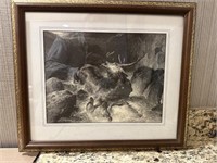 Etching of Stag and Deerhound in a river