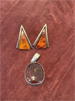 Silver 925 Triangle Amber Earrings W/ Pendant