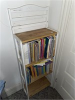 WOODEN BOOKSHELF (20" X 11" X 55") AND CONTENTS