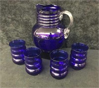 Cobalt Blue Glass Pitcher and 4 Tumblers
