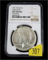 1921 Peace dollar, NGC slab certified High Relief,