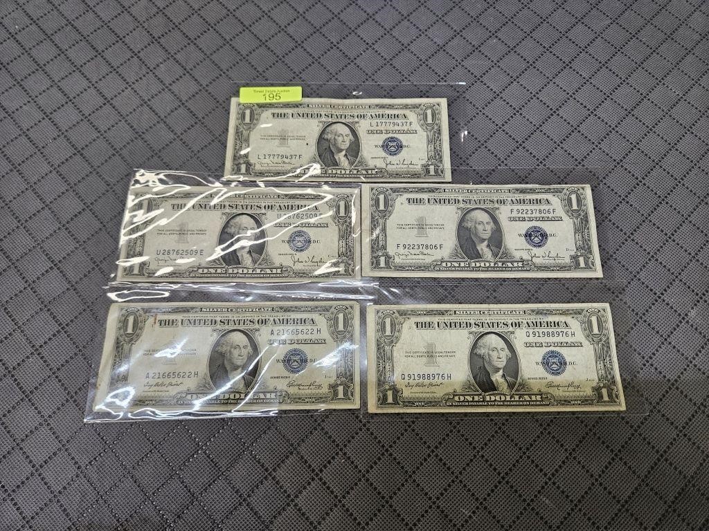 FIVE- 1935E $1 SILVER CERTIFICATES, NO MOTTO