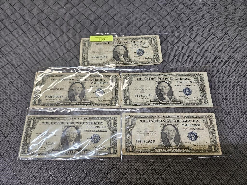 FIVE- 1935E $1 SILVER CERTIFICATES, NO MOTTO