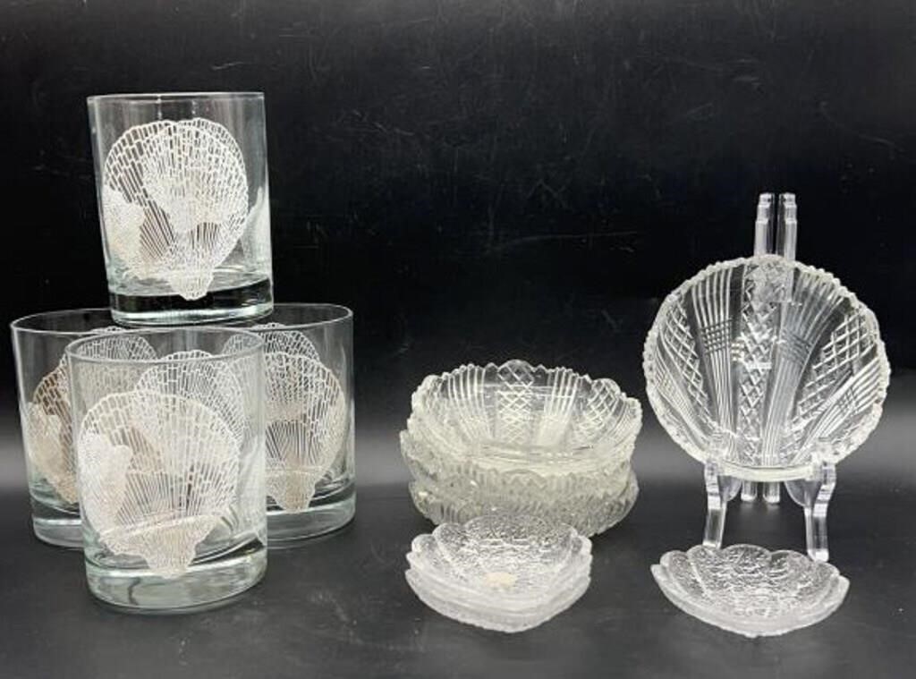 Lot of Shell Decorated Glasses & Ashtrays