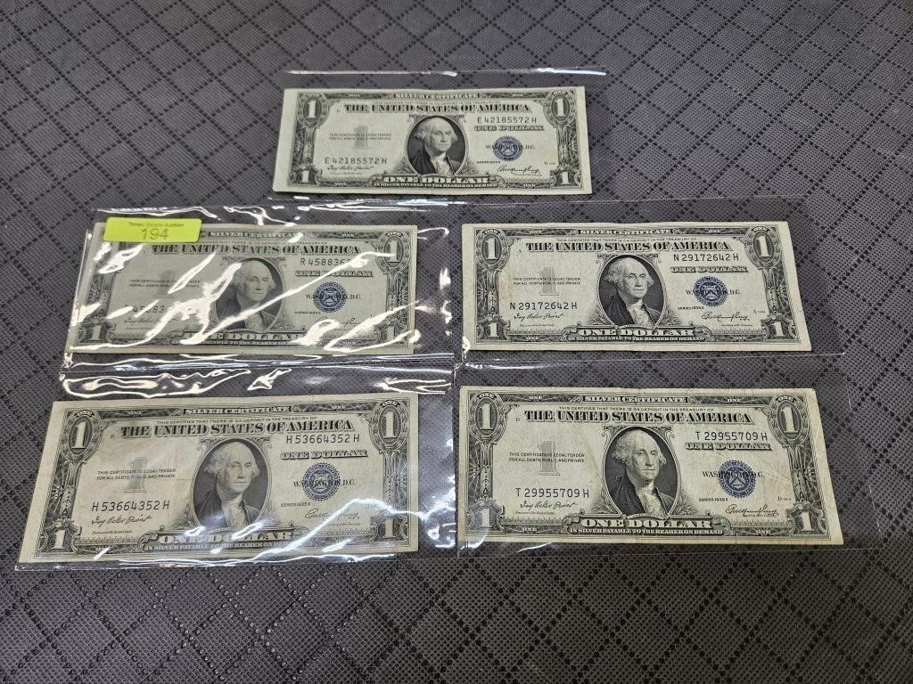 FIVE- 1935E $1 SILVER CERTIFICATES, NO MOTTO