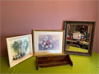 Two Floral Art Pieces, Mirror, Wood Display +++
