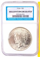 Coin 1924 Peace Silver Dollar NGC BU