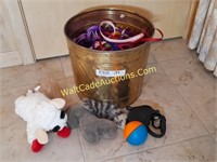 Brass Bucket of Dog Toys and Leashes