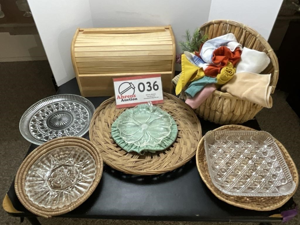 Bread box, basket  of napkins, trays