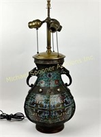 CHINESE BRONZE CHAMPLEVE VASE LAMP