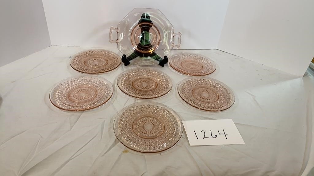 6 Pink Depression Hobnail Dessert Plates