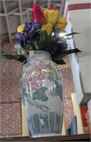 PORCELAIN ASIAN VASE WITH ARTIFICIAL FLOWERS